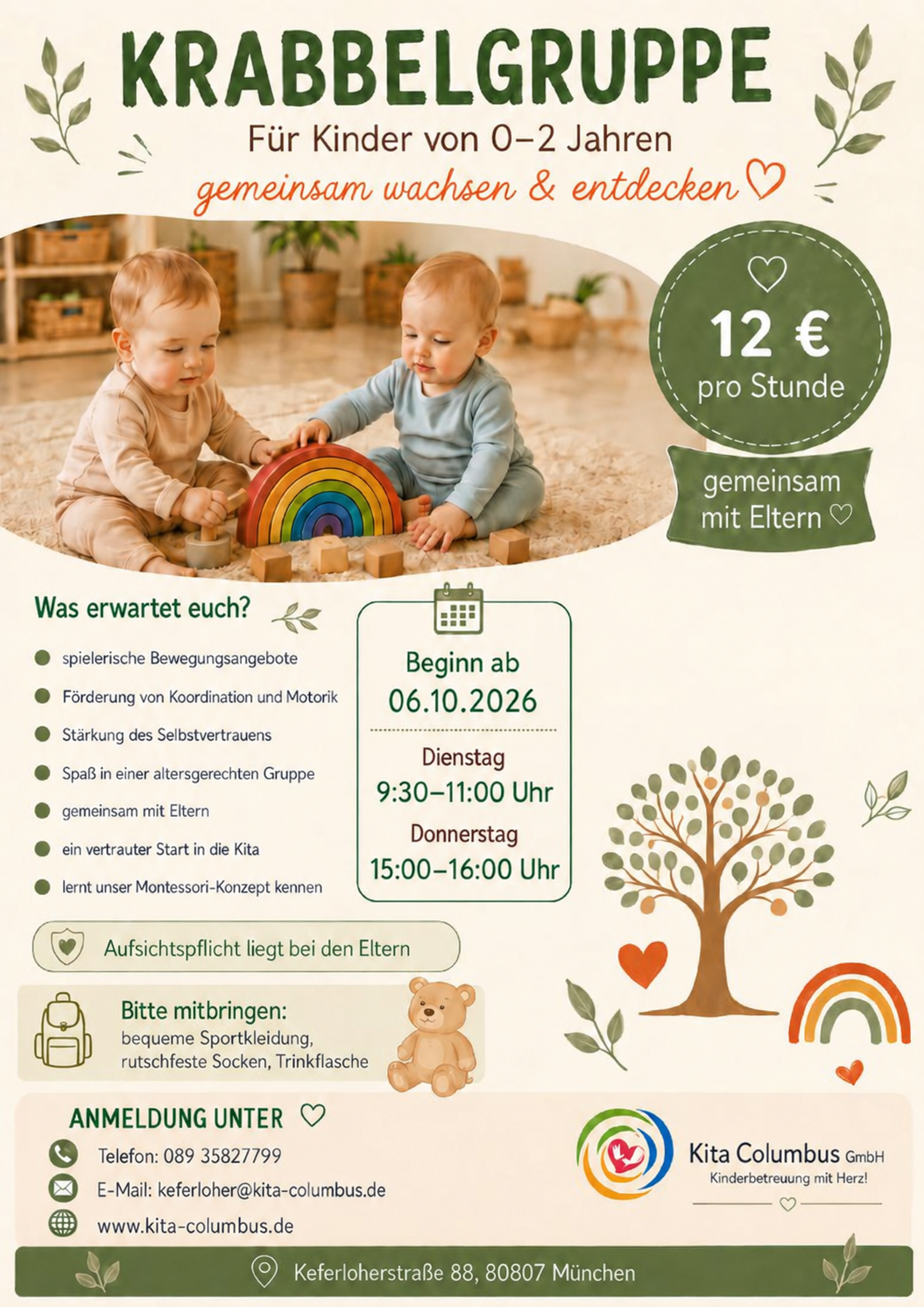 Krabbelgruppe für Kinder von 0 bis 2 Jahren mit Eltern in der Keferloherstraße 88 – Flyer mit Terminen, Preis und Anmeldung